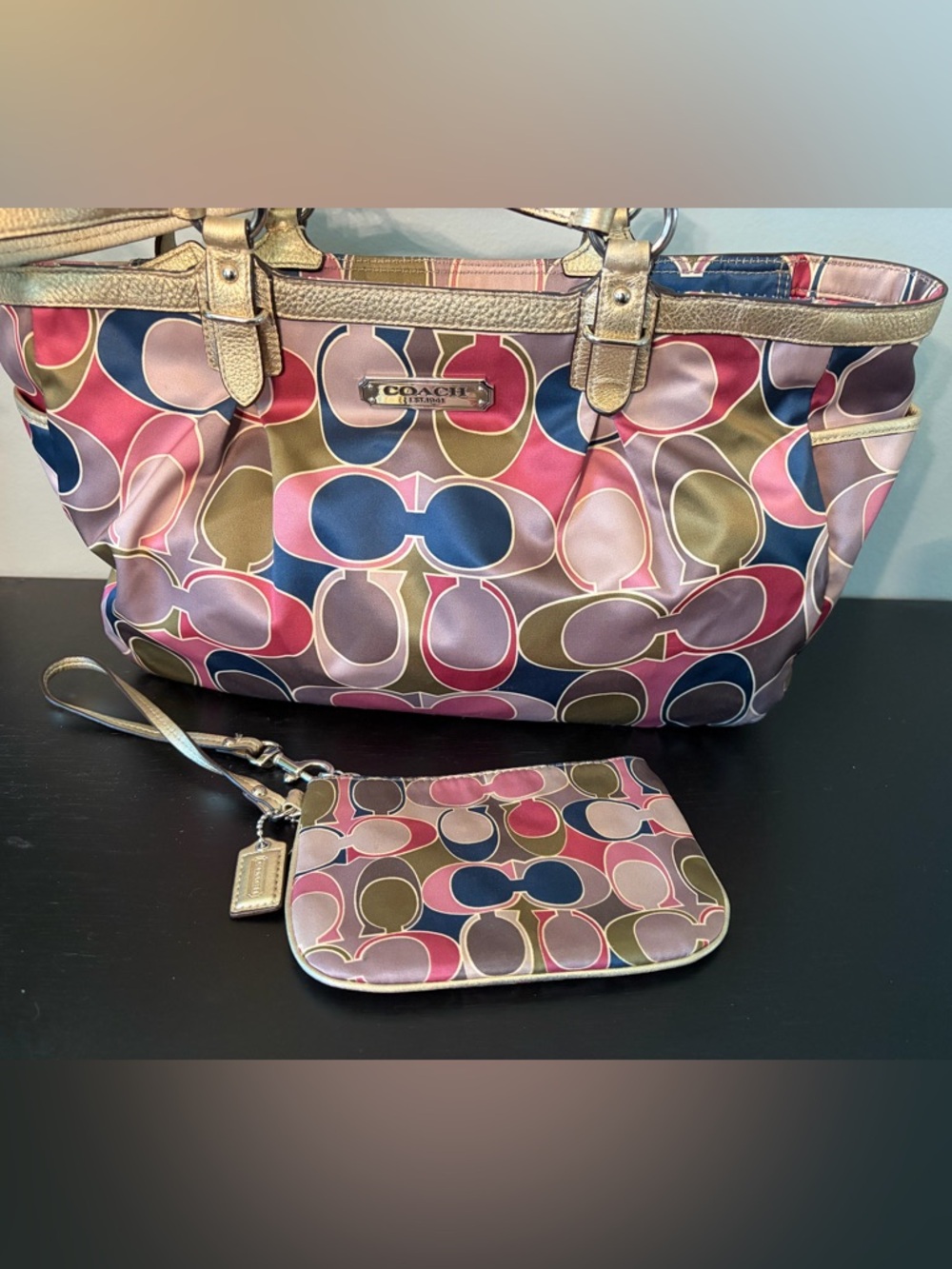 Coach Signature Scarf Sateen Tote, with matching wristlet/wallet.